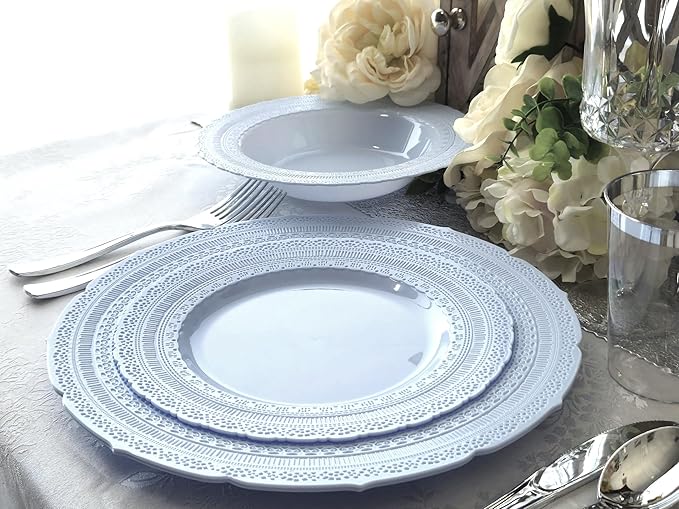 " OCCASIONS " 50 Plates Pack (25 Guests)-Extra Heavyweight Vintage Wedding Disposable/Reusable Plastic Plates -25x11'' Dinner + 25x8.25'' Salad/dessert (Chateau Collection Blue)