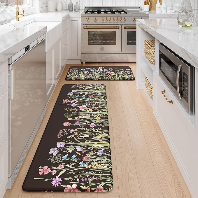KIMODE Anti Fatigue Mats for Kitchen Floor 17"x47"+17"x29", Farmhouse Floral Kitchen Rugs Sets of 2, Cushioned Kitchen Floor Mats, Non Slip Standing Mat for Sink, Laundry, Office, Desk Black