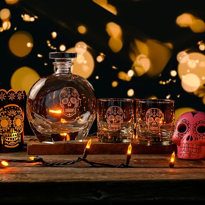 Rolf Glass Sugar Skull 23 Ounce Whiskey Decanter | Spirits Decanter with Airtight Stopper | Lead-Free Glass | Sand Engraved in the USA | Liquor Decanter for Whiskey, Bourbon, & Brandy