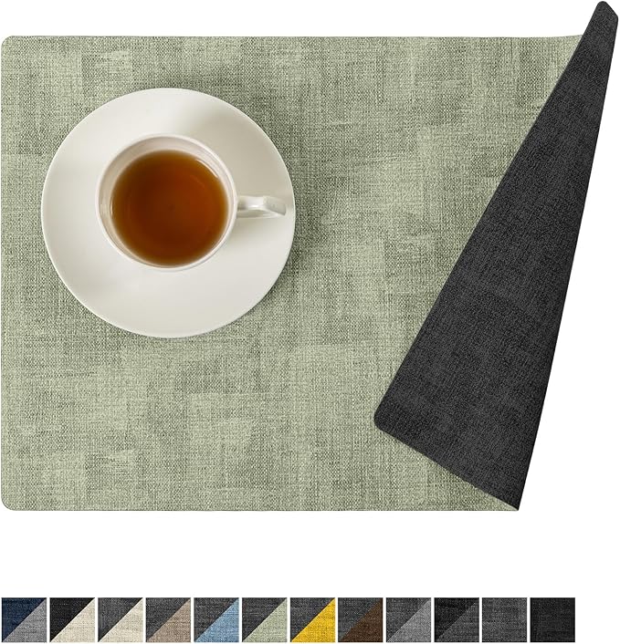 Romanstile Sage Green Placemats Set of 6, Vinyl 100% Waterproof Oil-Proof Wipeable Place Mats, Heat Resistant Dual Sided Table Mats for Kitchen/Dining/Party (Grey Green, 12 x 17 Inch)