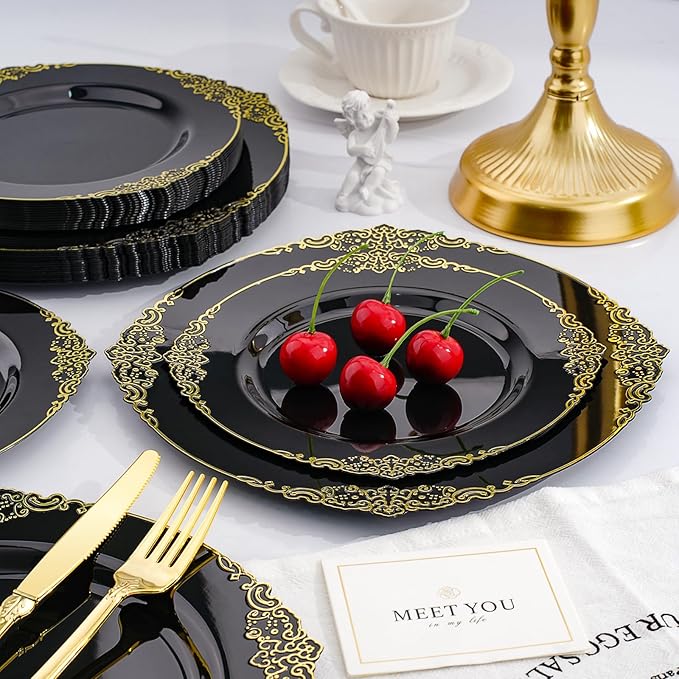 350 PCS Black and Gold Plastic Plates, Plastic Dinnerware Set for 50 Guests, 100 Disposable Plates, 150 Silverwares, 50 Cups, 50 Napkins for Party, Wedding, Graduation