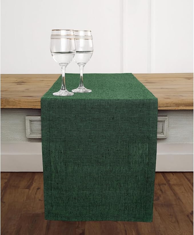 Solino Home Linen Table Runner 72 Inches Long - Athena, 100% Pure Linen Forest Green Dining Table Runner 14 x 72 Inch for Winter, Easter, St Patricks Day - Handcrafted and Machine Washable