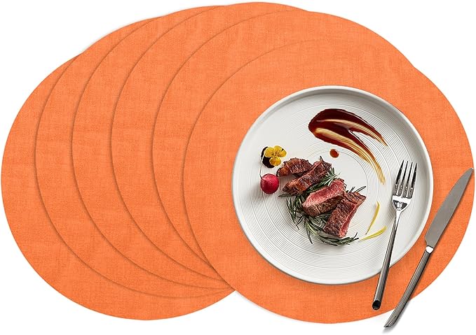 15 inch Faux Leather Round Placemats Set of 6 Non-Slip Washable Wipeable Table Mats, Heat Resistant Waterproof Oilproof Orange Place Mats for Kitchen, Dining, Party, Indoor, Outdoor