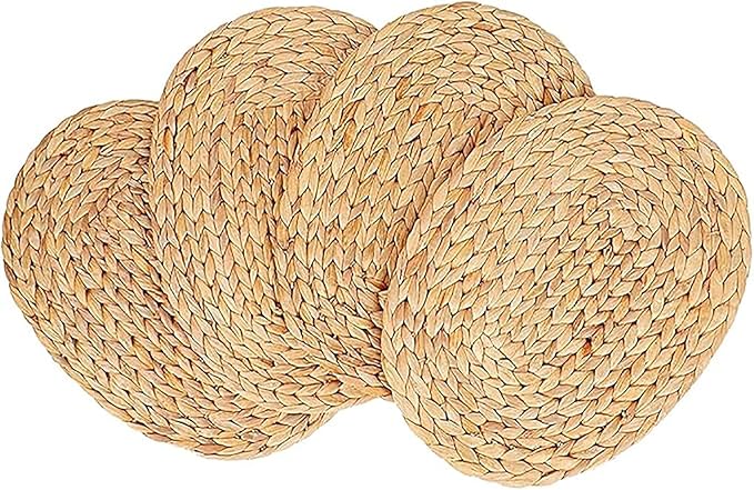 Natural Water Hyacinth Placemats Set of 4, Straw Braided Rattan Placemats, Oval Woven Placemats, 12x16 Inches Plate Chargers Set, Non-Slip Heat Resistant Woven Chargers for Table