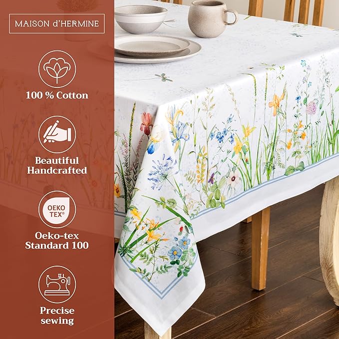 Maison d' Hermine Table Cloth Square Table 100% Cotton 60 x 60 Inches Tablecloth Reusable Decorative for Dining Room Farmhouse Home Valentines Day Decorations Spring Summer - Fleurs De Mai
