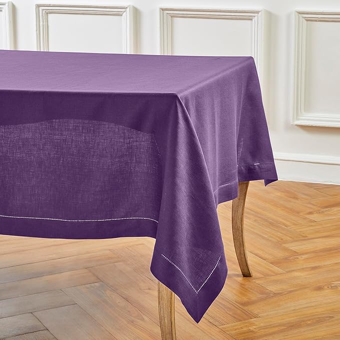 Solino Home Linen Tablecloth 60 x 108 Inch - Classic Hemstitch 100% Pure Linen Purple Table Cloth for Rectangle Tables - Machine Washable Tablecloth for Valentines, Spring, Easter