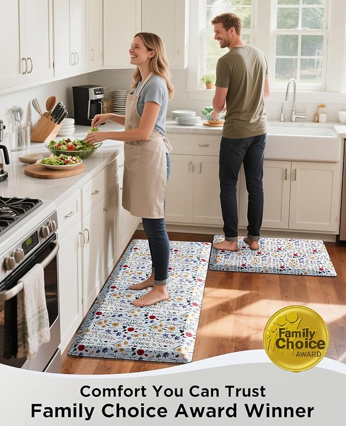 Ophanie Kitchen Mats for Floor, 3/4 inch Thick, 20x39 Anti Fatigue Cushioned Mat, Kitchen Rugs, Waterproof, Comfort Ergonomic Standing Mat for Office, Home, Sink, White Flower Non-Slip Ridged Bottom