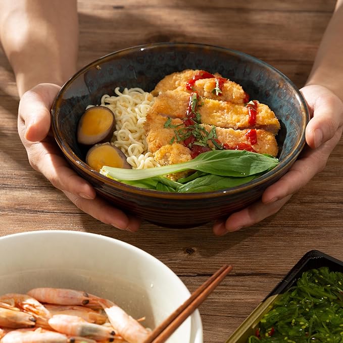 8 Inch Ceramic Ramen Bowl Set of 2, 40oz Japanese Bowls with Spoons & Chopsticks,Durable,Microwave & Dishwasher Safe,Perfect for Ramen,Pho,Salad,Soup,Noodles，Mixing bowls（Verdant）