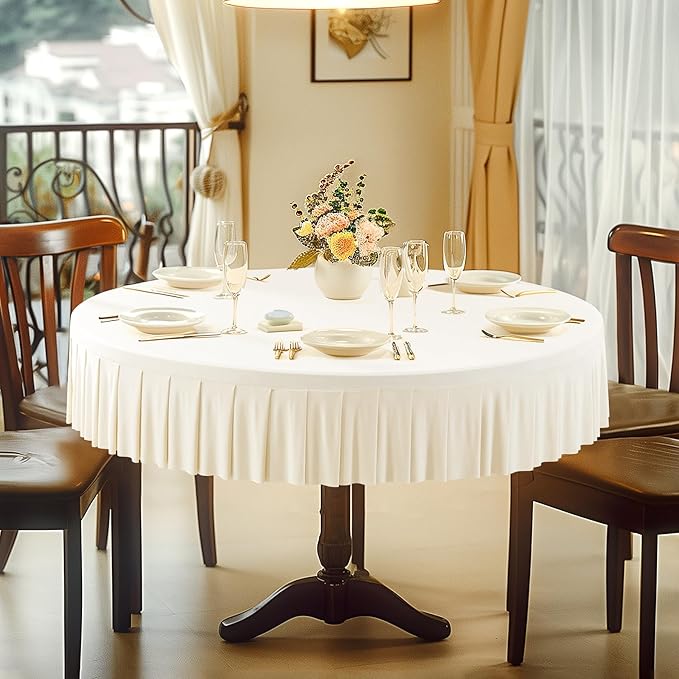 4 Pack Ivory Spandex Round Tablecloths for 60 inch Table, Stretchy Fitted 5FT Table Cloths with Skirt, Wrinkle Free for Wedding Party Dining Banquet