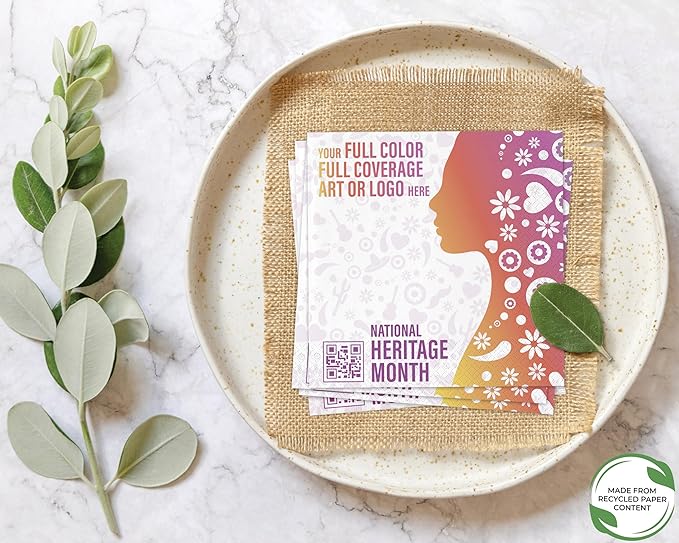 Custom Luncheon Napkins - Personalized Recycled Paper Content Napkins - Eco-friendly & Full-Color Digital Printed - Events & Celebrations - Pack of 50 - Diamond Edge Embossed Full Coverage, 6.5"x 6.5"