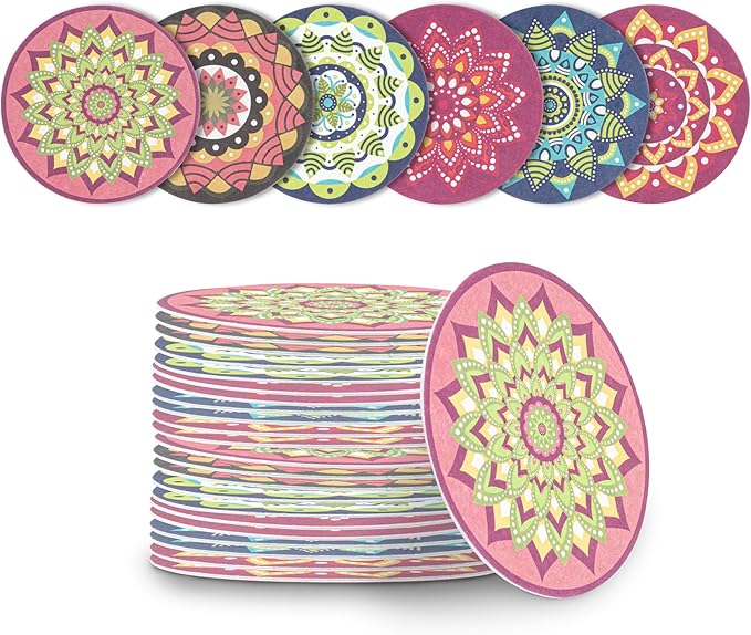 Restaurantware Paper Bar Coasters 480 Count 3.5 Inch Super Absorbent Beverage Coasters Pulpboard Assorted Design Drinkware Coasters Durable Paper Round Assorted