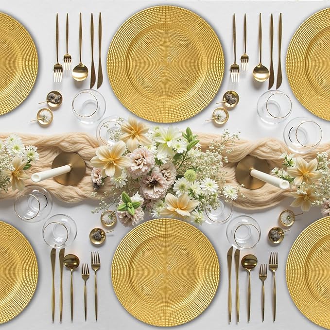 PROY 50 Pack 13" Gold Chargers for Dinner Plates, Round Plastic Chain Shaped Charger Plates,Decorative Gold Chargers for Table Setting, Wedding, Party, Event