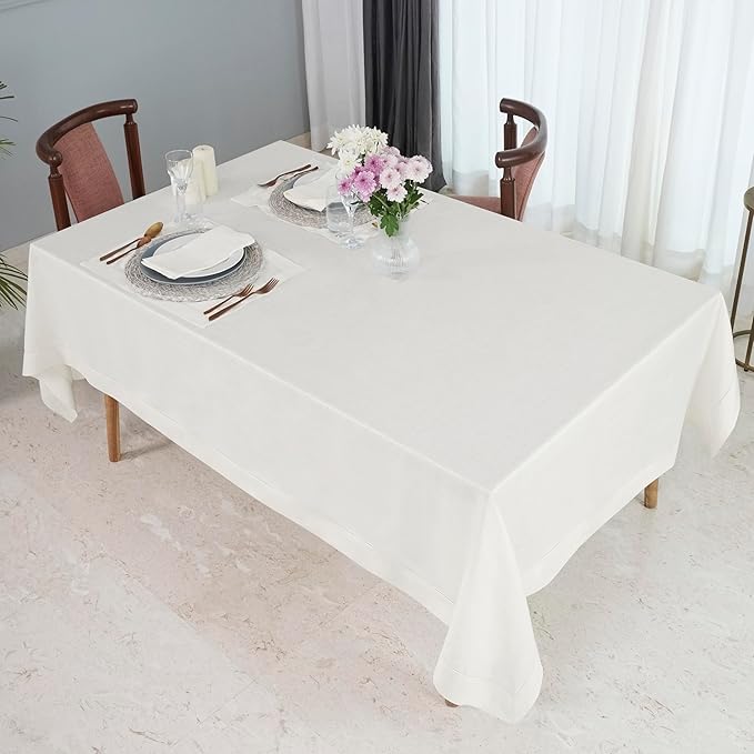 D'Moksha Homes Ivory Linen Tablecloth 60 x 120 Inch - 100% Pure Linen Hemstitch Tablecloth for Rectangle Tables - Classic Hemstitch, Machine Washable Table Cloth for Valentines, Spring, Easter