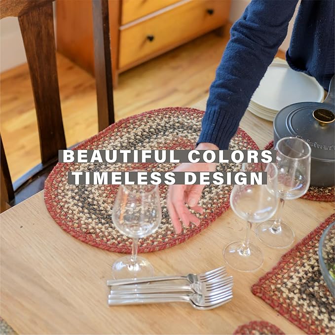 Homespice Chester Jute Braided Oval Placemats, Warm Lodge and Cabin Decor, Set of 6, 13x19 Red Table Mats - Vibrant Colors, Durable, Easy to Clean and Protects Furniture