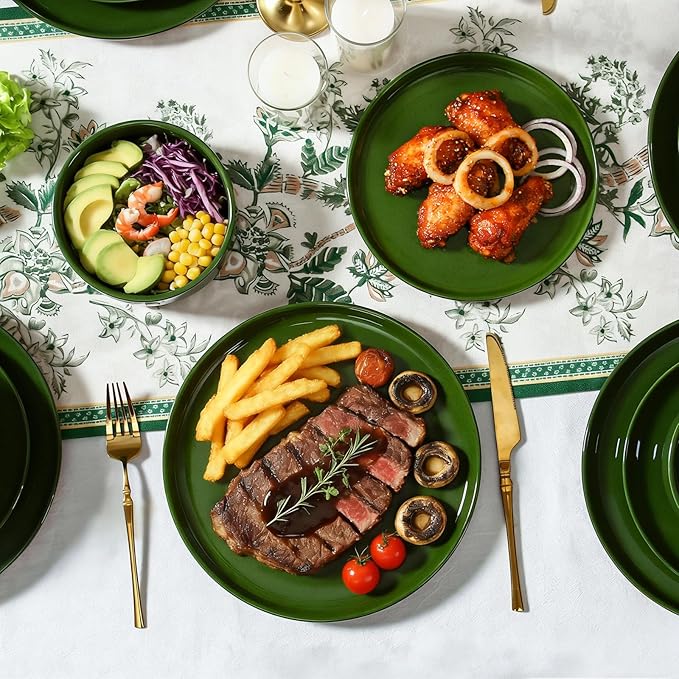 GZG Modern Art Series - 12 Pcs Speckled Stoneware Plates and Bowls Sets, Ceramic Dinnerware Set with Rustic Terracotta Underside, Microwave and Dishwasher Safe Handcrafted Dishes Set - Verdant Green