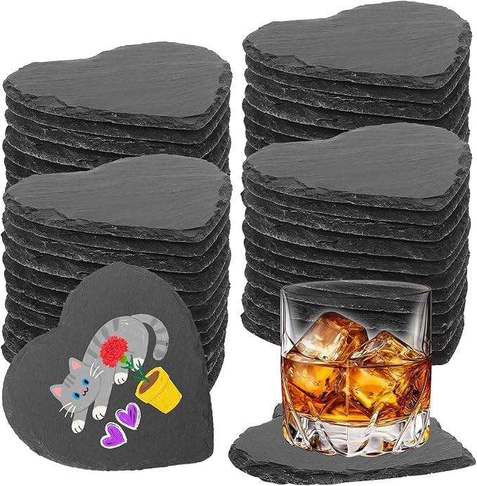 48 PCS Slate Drink Coasters Bulk,4 Inch Black Slate Stone Coasters for Office, Home Decor,Laser Engraving Blanks with Anti-Scratch Bottoms for Coffee Bar Kitchen Heart