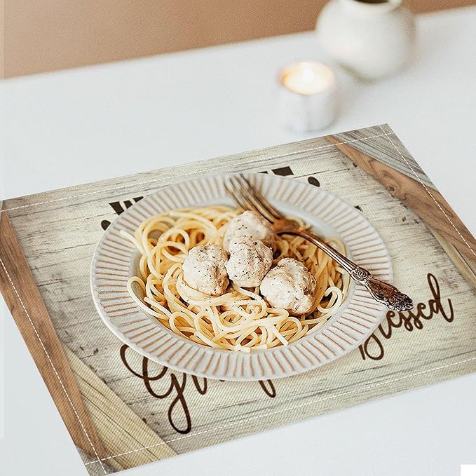 Vintage Farmhouse Placemat Set, Beige White Rustic Wooden Plank Patchwork Welcome Home Letter Inspirational Quotes Pattern Home Decor Linen Table Mats for Dining Room Kitchen Party (17x12in) x6P