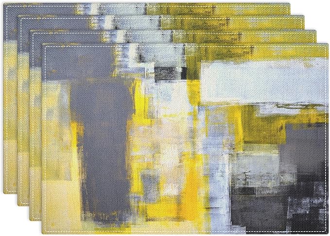 Emvency Farmhouse Placemats Set of 4, Vintage Yellow and Dark Gray Abstract Art Painting 12x18 Inch Table Mats for Outdoor Home Party Kitchen Dining Decoration