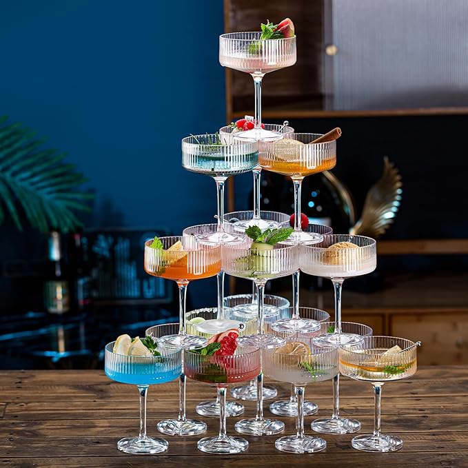 20Pcs Acrylic Martini Glasses, 10oz Shatterproof Plastic Champagne Tower, Unbreakable Ribbed Coupe Glasses, Art Deco Stem Cocktail Glassware Set, Manhattan Goblet for Wedding Birthday Party