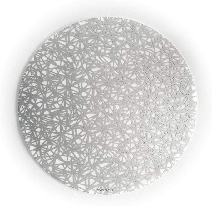 modern-twist 15" Round Silicone Placemat, BPA, PVC-Free Table Mat, Dishwasher Safe, Twine Print in Silver, Pack of 1