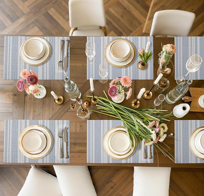 FAVE Blue Boho Vinyl Placemats Set of 6, Durable Woven Place Mats Washable Heat Resistant PVC Table Mats for Parties,Weddings, Dining,Banquet(Blue, 6PCS)