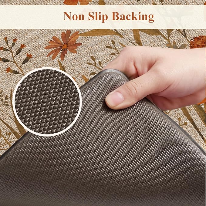 KIMODE Fall Kitchen Mats Cushioned Anti Fatigue, Orange Farmhouse Kitchen Rugs Sets of 2, Non Slip Kitchen Mats for Floor, Padded Kitchen Floor Mats for Sink Laundry Office Desk 17"x47"+17"x29"