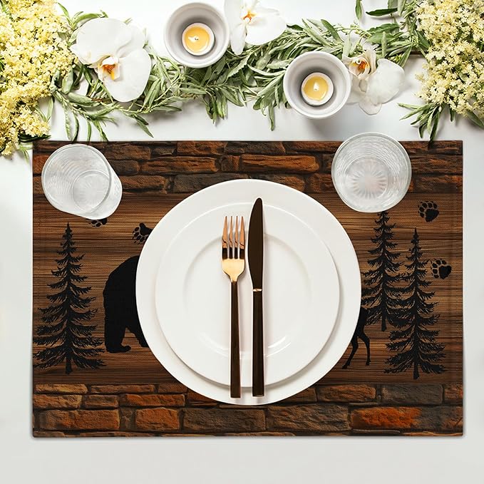 Rustic Placemats - Brown Cabin Bear Place Mats Set of 4 Country Moose Wooden Tablemats 12x18 for Dining Kitchen Farmhouse