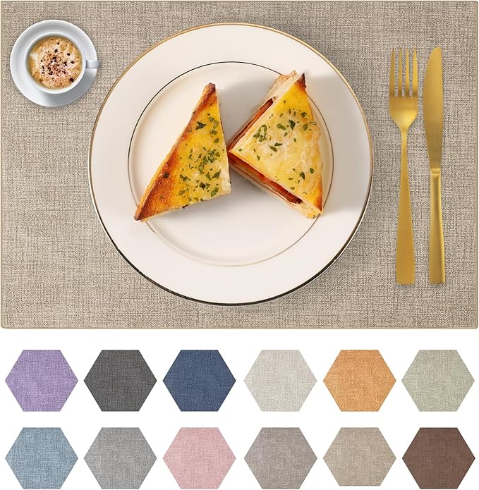 Faux Leather Placemats Set of 8 Washable PU Table mats for Kitchen Table - Heat Resistant, Waterproof, Easy Clean, Anti Slip 11.8" x 17" (Brown-8 Pack)