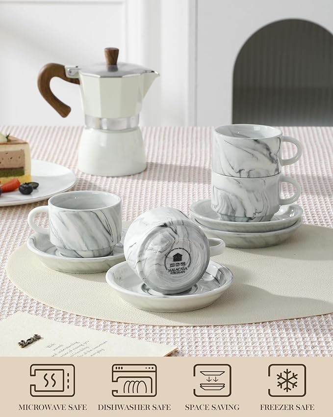 MALACASA 4 OZ Porcelain Espresso Cups with Saucers and Metal Stand Set of 4, Stackable Cappuccino Cups, Marble Gray Expresso Shots Cup Set for Coffee Drinks, Latte, Tea
