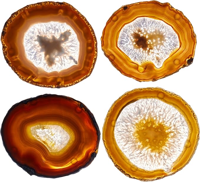 Luxury Lane Set of 4 Large Natural Brazilian Agate Slice Geode Rock Stone Drink Coasters with Wood Holder 4.3-4.7 inch Centerpiece Table Decoration, Oak Brown
