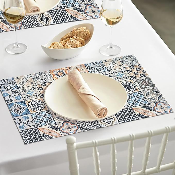 Mandala Bohemian Placemats Set of 6 Two-Sided Washable Table Placemat Boho Mat Fabric Cloth Vintage Flower for Farmhouse Kitchen Outdoor Dining Decor 12x18 Inch (Bohemian B)