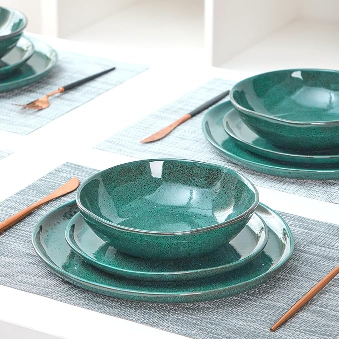 Bestone 12 Pieces Round Kitchen Dinnerware Sets，Plates and Bowls Sets,Dishes, Plates, Bowls, Dish Set, Chip Resistant Ceramic Dinnerware Set, Dishwasher/Microwave Safe,Service for 4,Ceylon Green