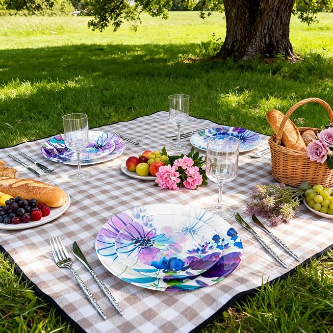 DaYammi 20Pcs Purple Plastic Plates with Watercolor Floral Plates Heavy duty Watercolor floral Plastic Plate 10.25 inch Dinner plates and 7.5 inch Dessert plates for Valentine's Day Party Wedding