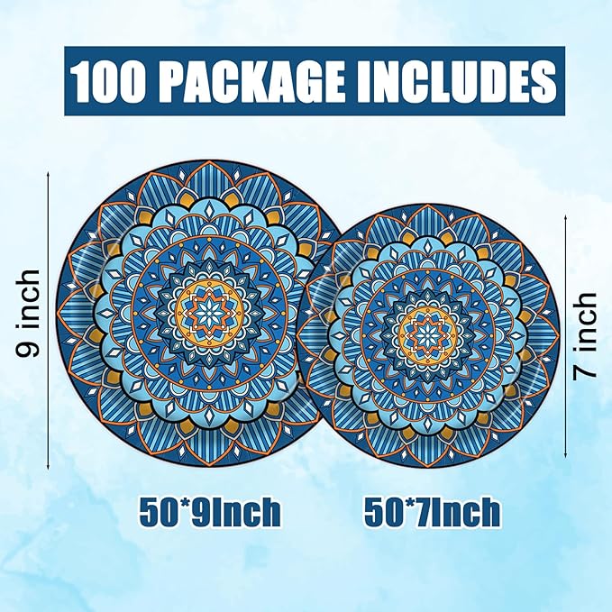 100PCS Boho Paper Plates 7Inch & 9Inch, Vintage Bohemian Disposable Dinnerware Plates for Birthday Gatherings Holiday Favor Baby Shower Party Supplies,50 Guests(Blue)