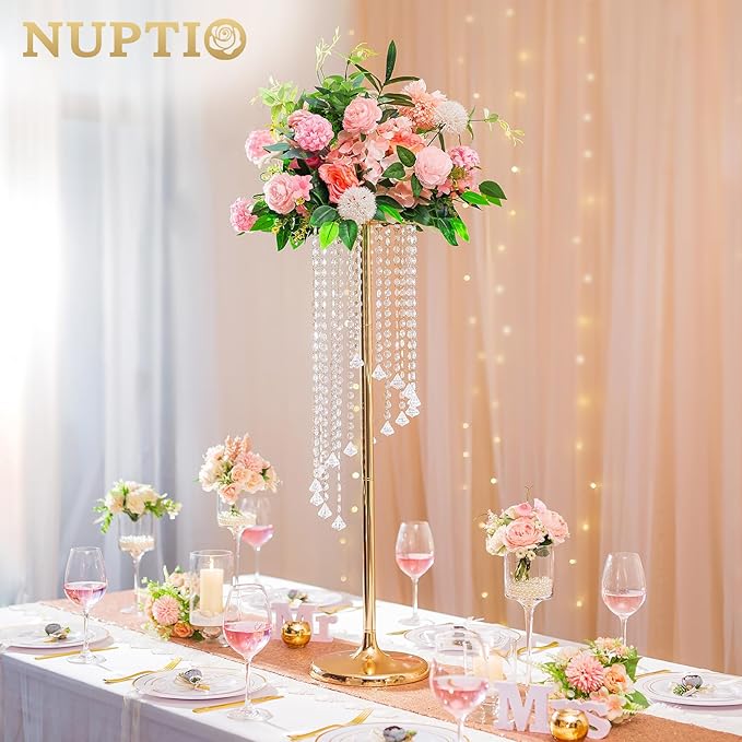 Nuptio Wedding Centerpieces Gold Vases: 2 Pcs 35.4in Tall Crystal Flower Vase Metal Flowers Stand for Party Tables Decorations - Elegant Bulk Weddings Decoration Table Chandelier Centerpiece Stands