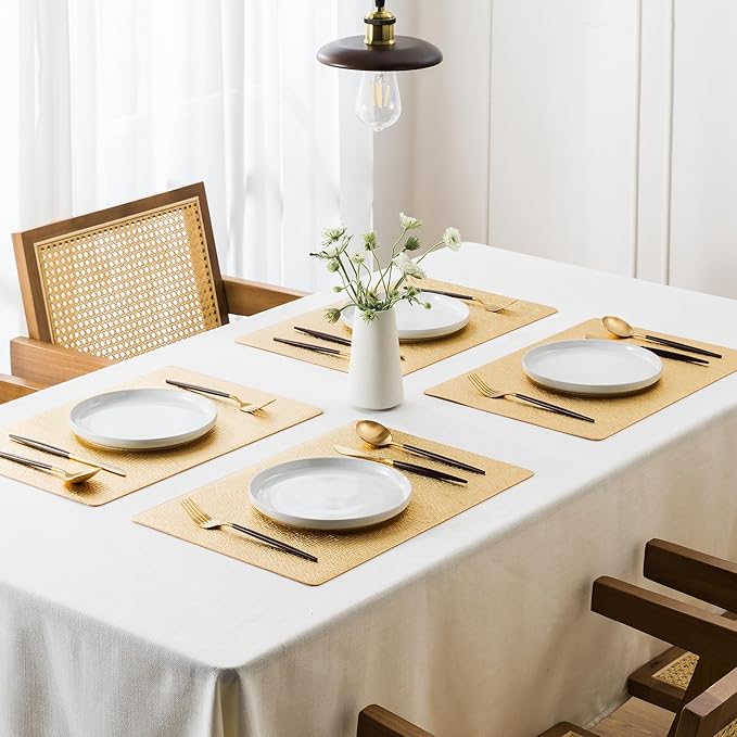 Jovono Faux Leather Placemats Set of 6, Waterproof Washable Table Mats, Easy-Clean Heat Resistant Kitchen Vinyl Place Mat for Dining Table, Wedding, Holidays, Indoor, 17.8"x11.8", Gold
