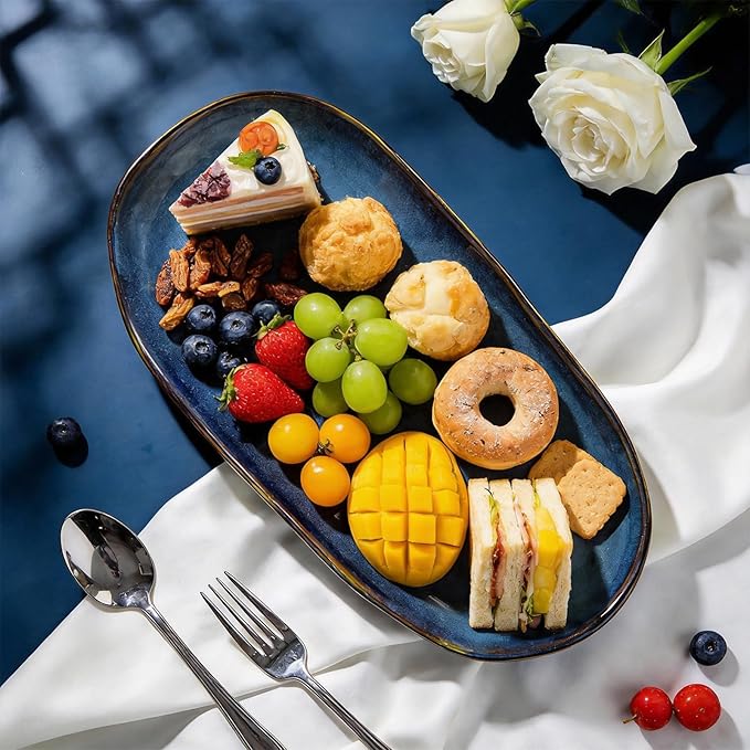 Organic Shape Highland Ceramic Serving Tray, 12pcs 13×7inch Handmade Reactive Glaze Stoneware Tray with Wavy Edge, for Kitchen, Microwave & Dishwasher Safe, Scratch Resistant-Blue