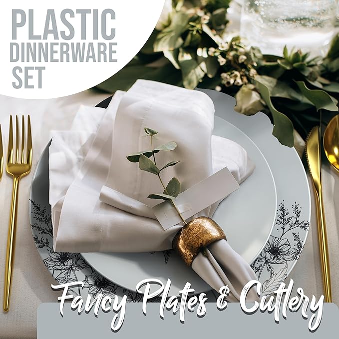 Trendables Fancy Plastic Dinnerware Sets 100 Pc 20 Guests Gold Silverware Disposable 20 X 10 Inch Charger Plates 20 X 8 Inch Dessert Plates 20 x Gold Plastic Forks and Spoons Knives In Dandelion Bloom