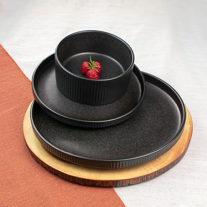 Sango 12 Pieces Stoneware Fluted Dinnerware Set, Modern Black Dishes for 4, Premium Serving Plates and Bowls Sets, Chip & Scratch Resistant, Ceramic Kitchen Dish, Microwave & Dishwasher Safe, Anderson