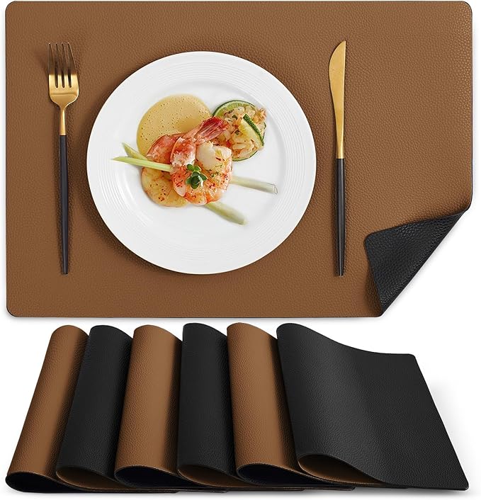 MOSAYT Vinyl Placemats Set of 6, Heat Resistant Place Mats 100% Waterproof Washable & Wipeable Faux Leather Reversible Table Mats for Kitchen Dining Party Indoor Outdoor, 12" x 17", Black/Brown