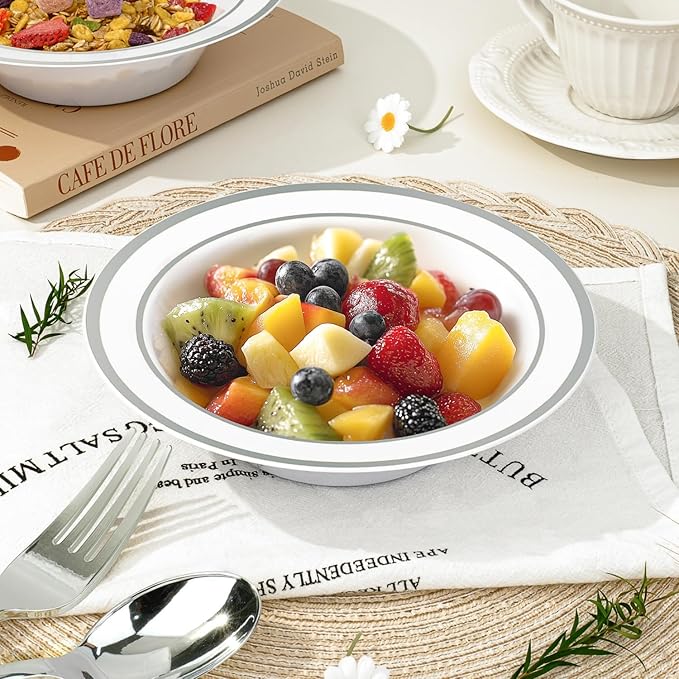 BESTVIP 200 Pack Plastic Bowls with Silver Rim, 12 oz Disposable Soup Bowls, Heavy-duty Dessert Fruit Bowl for Party, Wedding, Christmas, Dinner Catering