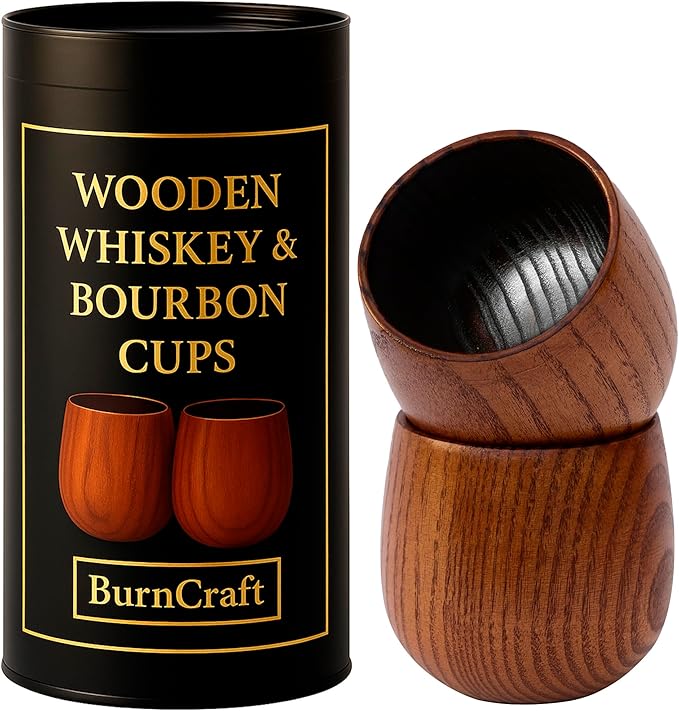 Charred Wooden Bourbon Whiskey Drinking Glasses – Oak Whiskey Tumbler Set of 2 | Bourbon Gifts for Men, Husband, Dad or Brother | Unique Wooden Whiskey Cups (10 oz) | Premium Bourbon Gift Set