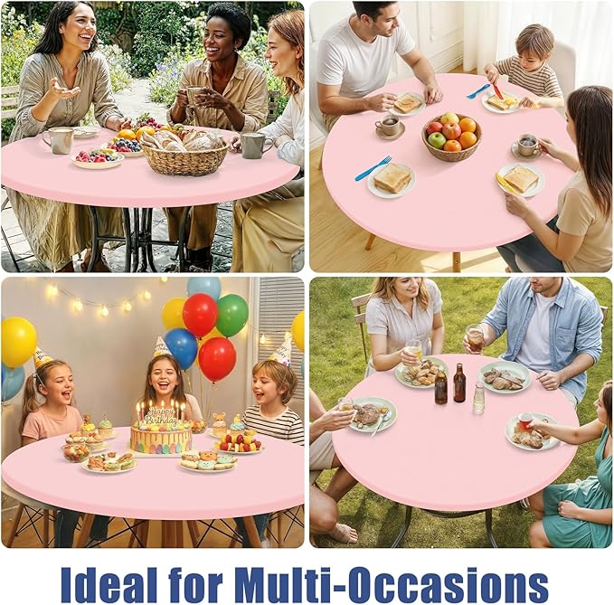 Round Spandex Valentines Day Tablecloth, Elastic Fitted Waterproof Tablecloths for 36"-44" Tables, Stretch Washable Picnic Table Cover for Camping, Dining, Indoor and Outdoor, Pink