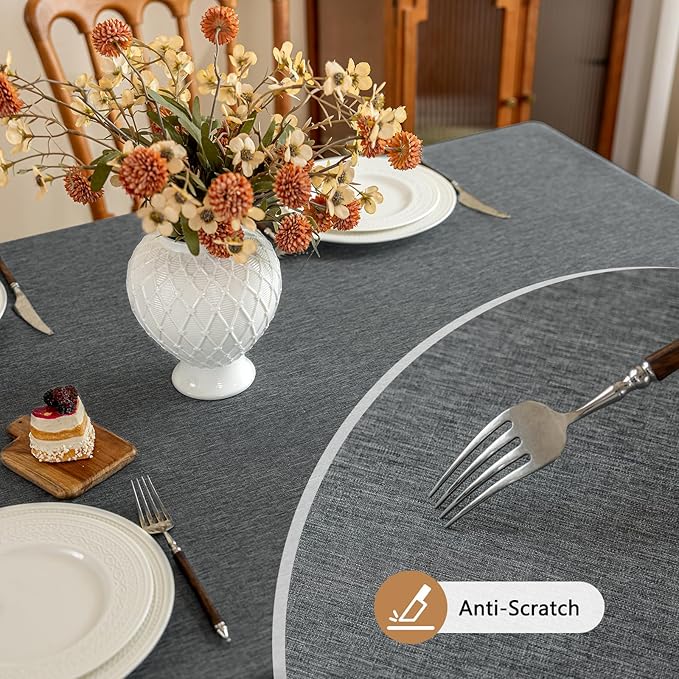 Faux Linen Fabric Rectangle Grey Table Cloth 60 x 84 Inch Textured Stain Resistant & Washable Tablecloth for 6 Foot Rectangular Table Reusable for Dining Kitchen Party