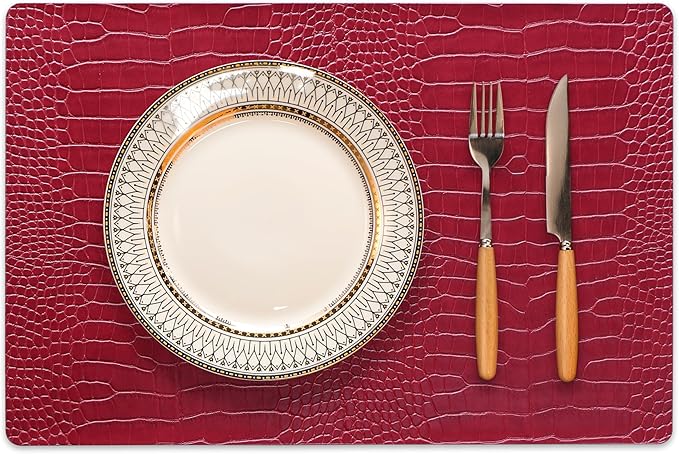 Jovono Faux Leather Placemats Set of 6, Waterproof Heat Resistant Dinner Place Mats for Dining Table, Non-Slip Crocodile Embossed, Red (17.8x11.8 Inch)