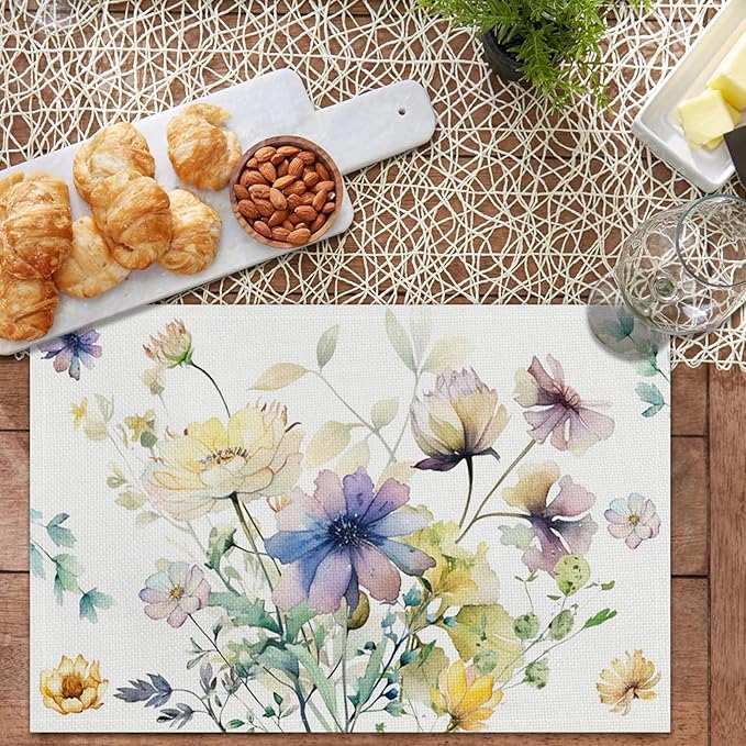 AOFOTO Floral Placemats Set of 4 Watercolor Blue Yellow Flower Green Leaves Printed Place Mats Rectangular Artistic Table Mats for Party Home Kitchen Restaurant Dining Table Decor 12x18 Inch