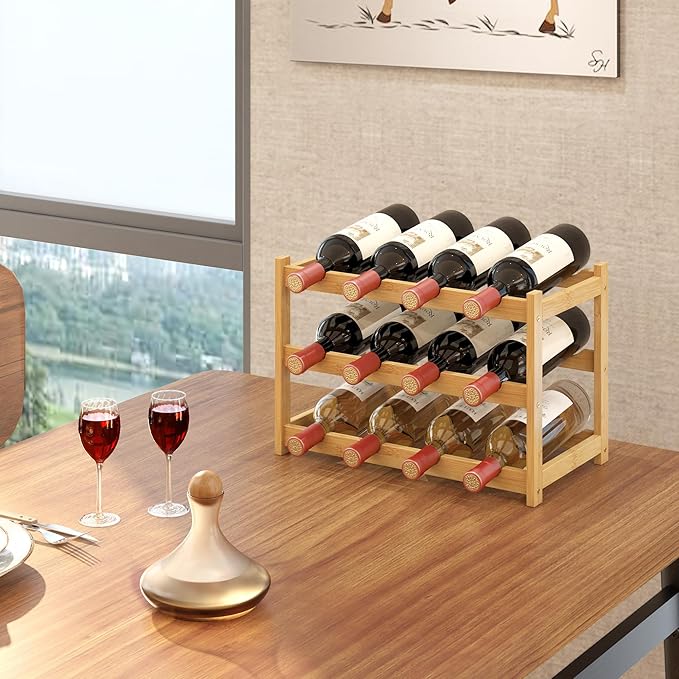 Wine Rack Countertop for 12 Wine Bottles, Small Bamboo Free Standing Racks Tabletop Display, Wooden Wine Storage Organizer for Cabinet Pantry Kitchen Bar Home Dining Room (Natural)