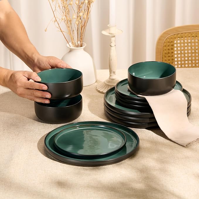 Dinnerware Set, 12 Piece Service for 4, Vase and Vessel, Ceramic 10.5” Dinner Plates, 8.2” Salad Plates and 20 oz Bowls, Stoneware, Somerset Collection (Black/Jade)