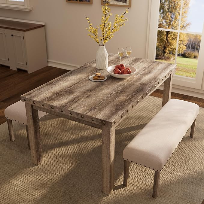 Morden Fort Farmhouse Rectangular Wooden Dining Table, Rustic 60" Kitchen & Dining Room Table with Woodgrain Tabletop, Rivet Accents & Solid Wood Legs