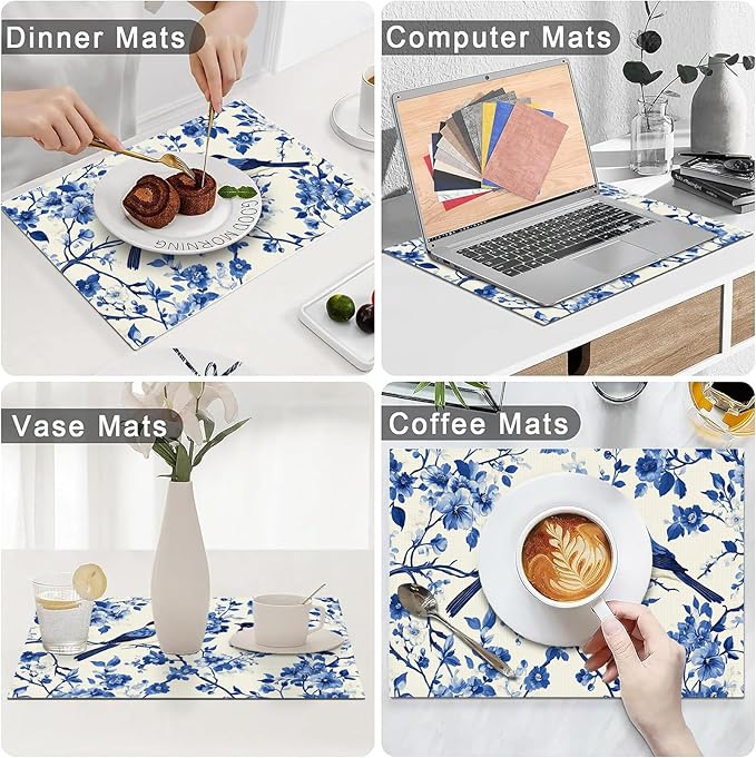 Flower Bird Placemats Set of 6, Blue Birds Place Mats,Blue and White Floral Waterproof Washable Table Mats for Home Party Indoor Kitchen Dining Table Decoration 12x18 Inch